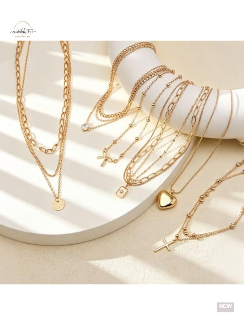 Gold Plated Dainty Bow Disc Zirconia Heart Cross Square Layered Pendant - Picture 5 of 6